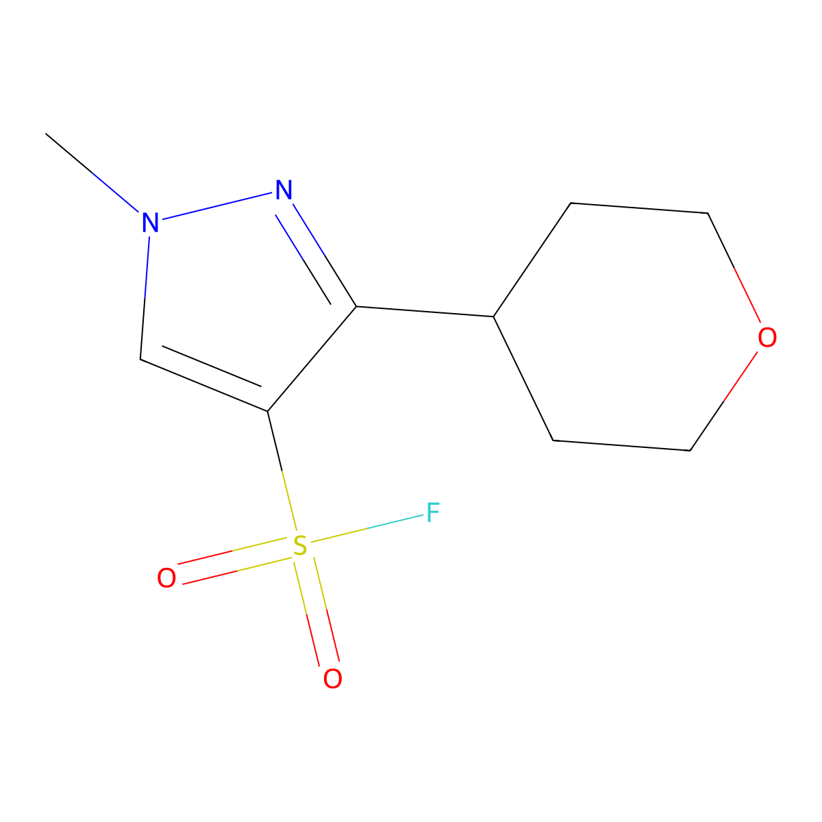 1-methyl-3-(oxan-4-yl)-1H-pyrazole-4-sulfonyl fluoride molecular structure, CAS 2228396-22-1