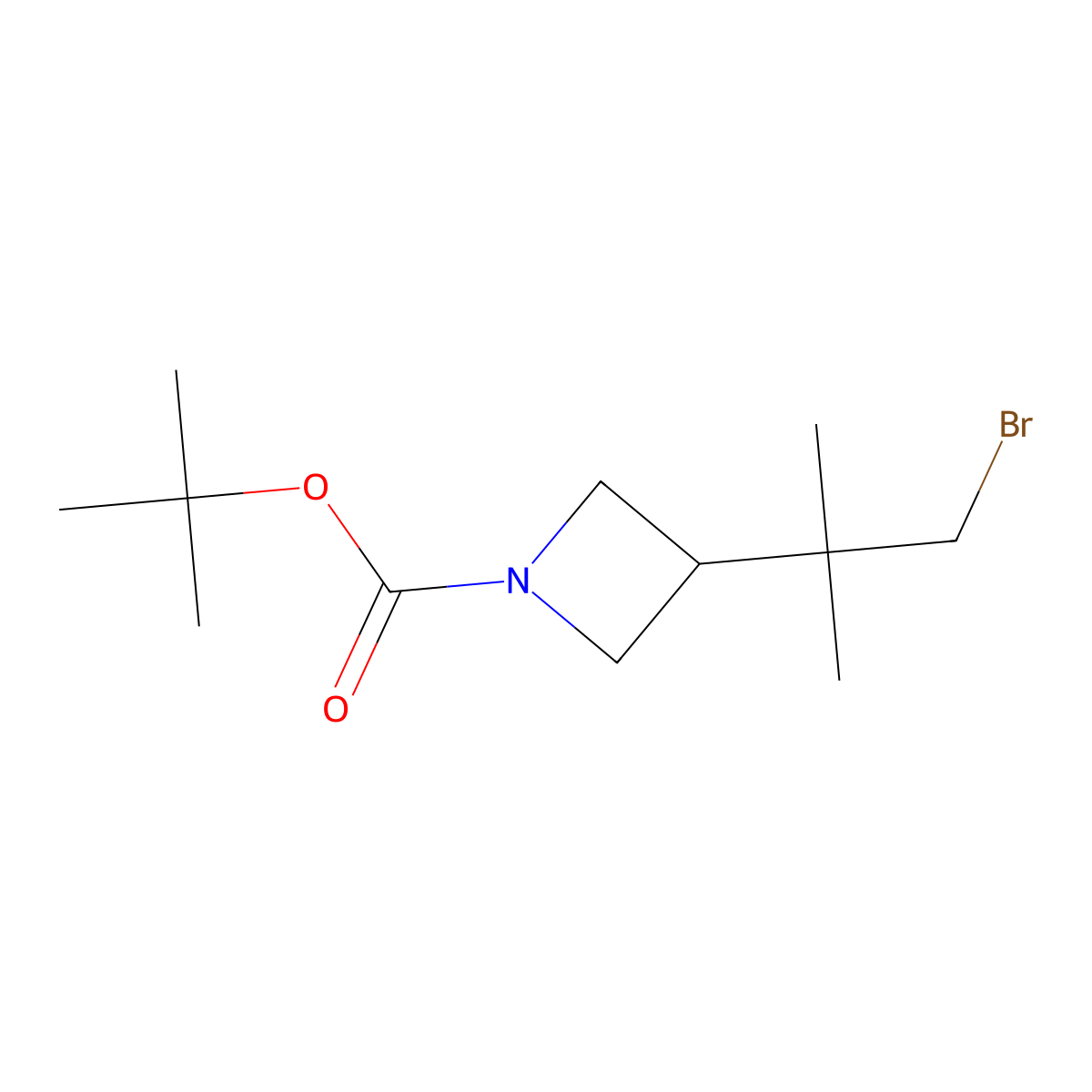 Tert-butyl 3-(1-bromo-2-methylpropan-2-yl)azetidine-1-carboxylate molecular structure, CAS 2228396-26-5