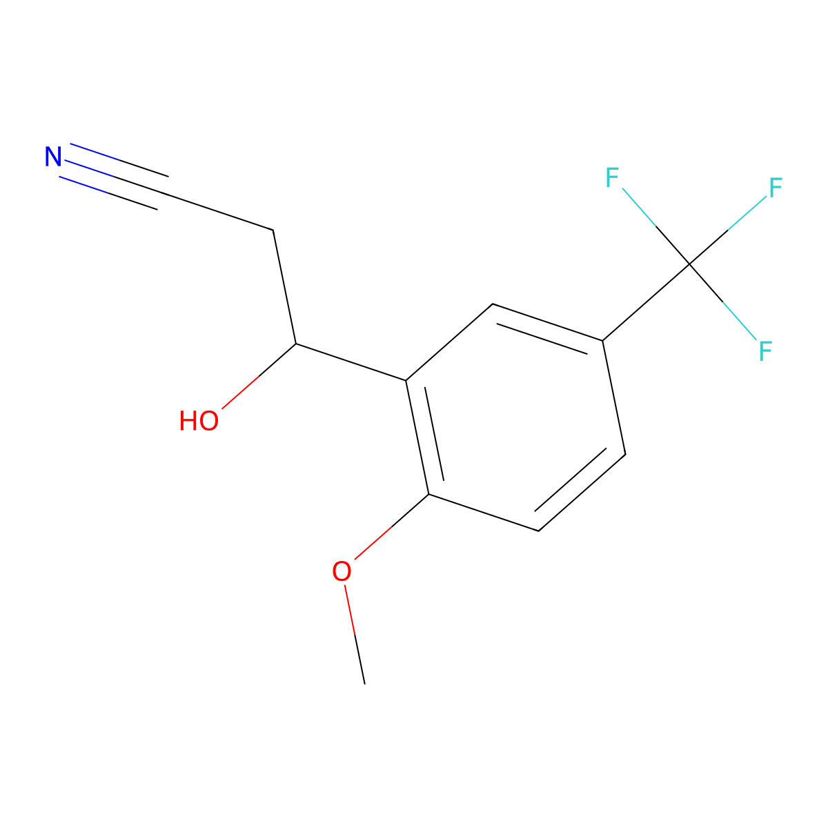 3-Hydroxy-3-[2-methoxy-5-(trifluoromethyl)phenyl]propanenitrile molecular structure, CAS 2228398-71-6
