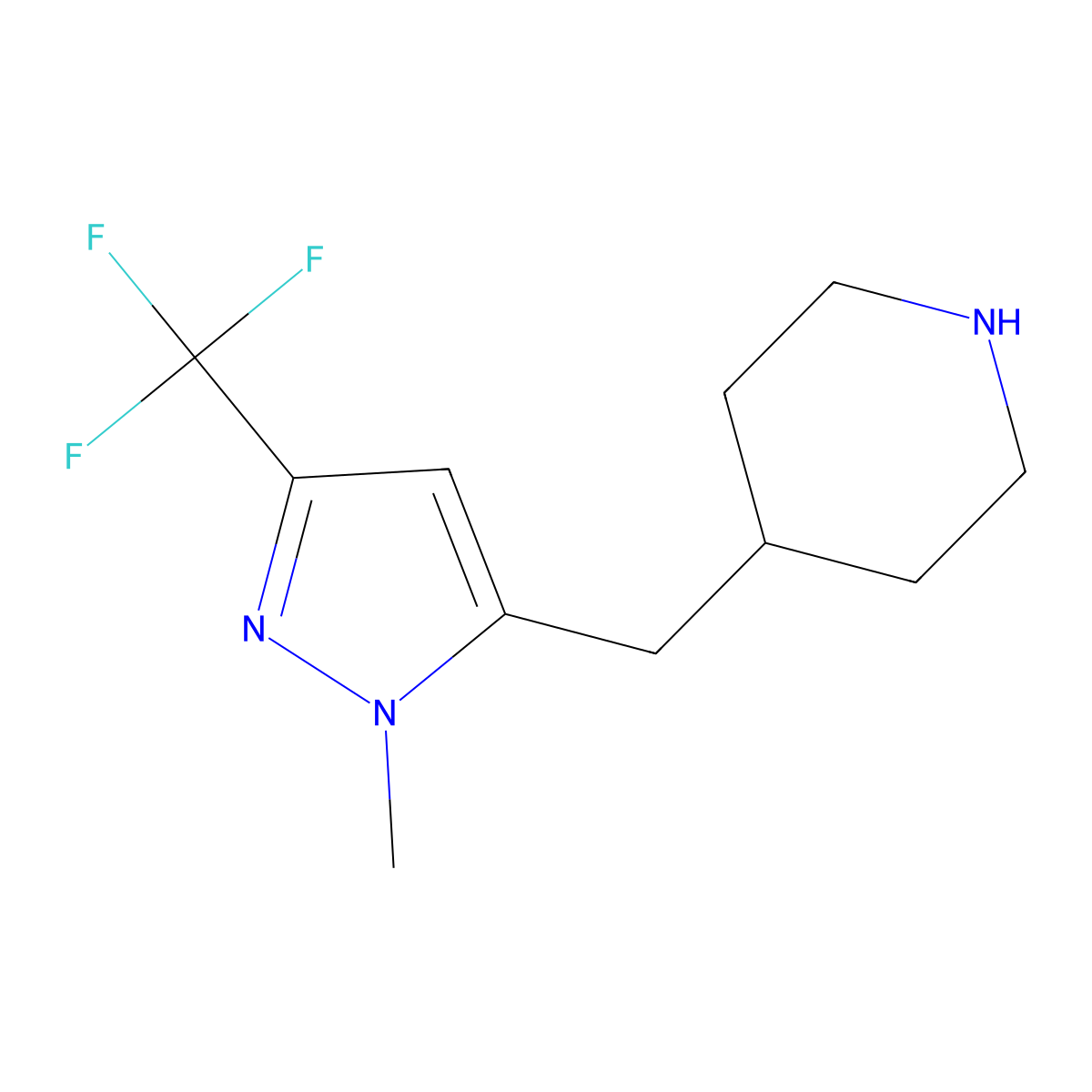4-{[1-methyl-3-(trifluoromethyl)-1H-pyrazol-5-yl]methyl}piperidine molecular structure, CAS 2228402-26-2