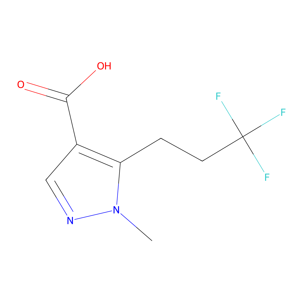 1-methyl-5-(3,3,3-trifluoropropyl)-1H-pyrazole-4-carboxylic acid molecular structure, CAS 2228485-54-7