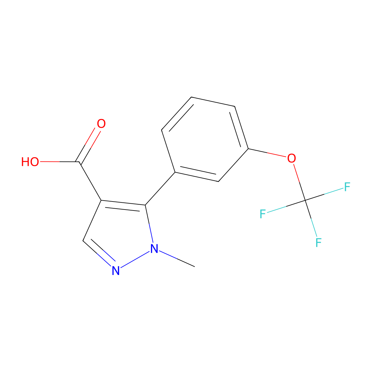 1-methyl-5-[3-(trifluoromethoxy)phenyl]-1H-pyrazole-4-carboxylic acid molecular structure, CAS 2228547-38-2