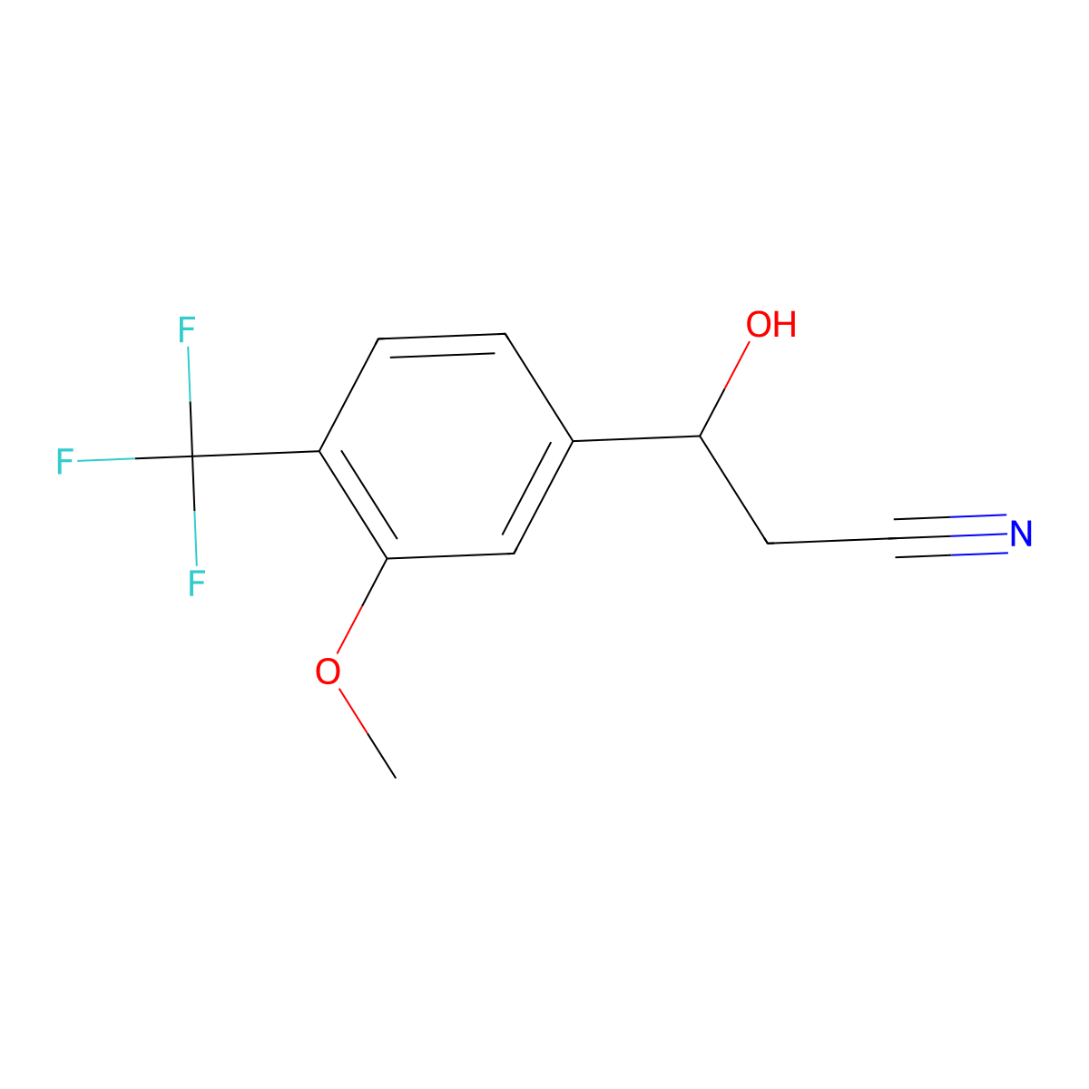 3-Hydroxy-3-[3-methoxy-4-(trifluoromethyl)phenyl]propanenitrile molecular structure, CAS 2228549-77-5