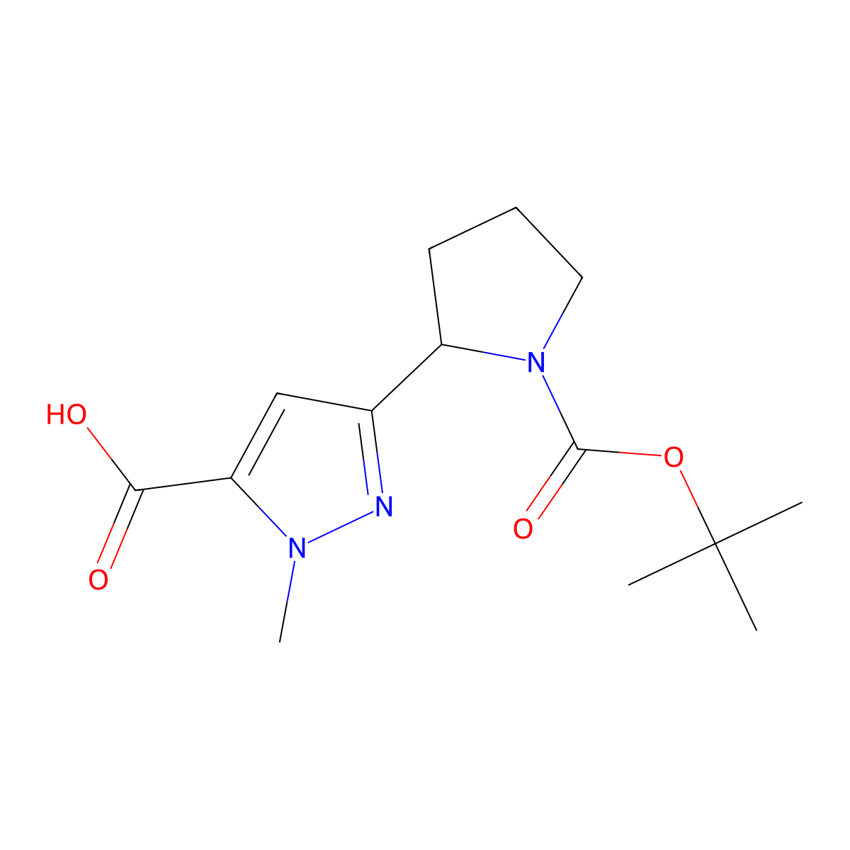 3-(1-((tert-butoxy)carbonyl)pyrrolidin-2-yl)-1-methyl-1H-pyrazole-5-carboxylic acid molecular structure, CAS 2228574-71-6