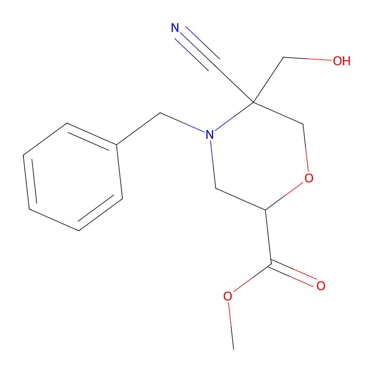 Methyl 4-benzyl-5-cyano-5-(hydroxymethyl)morpholine-2-carboxylate molecular structure, CAS 2228576-09-6
