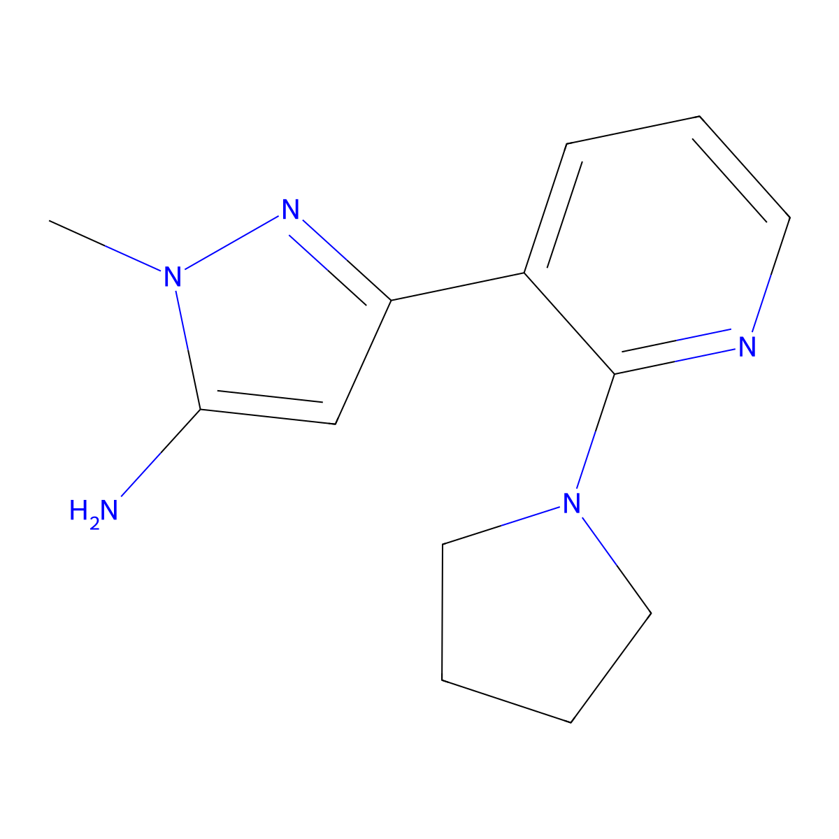 1-methyl-3-[2-(pyrrolidin-1-yl)pyridin-3-yl]-1H-pyrazol-5-amine molecular structure, CAS 2228591-21-5