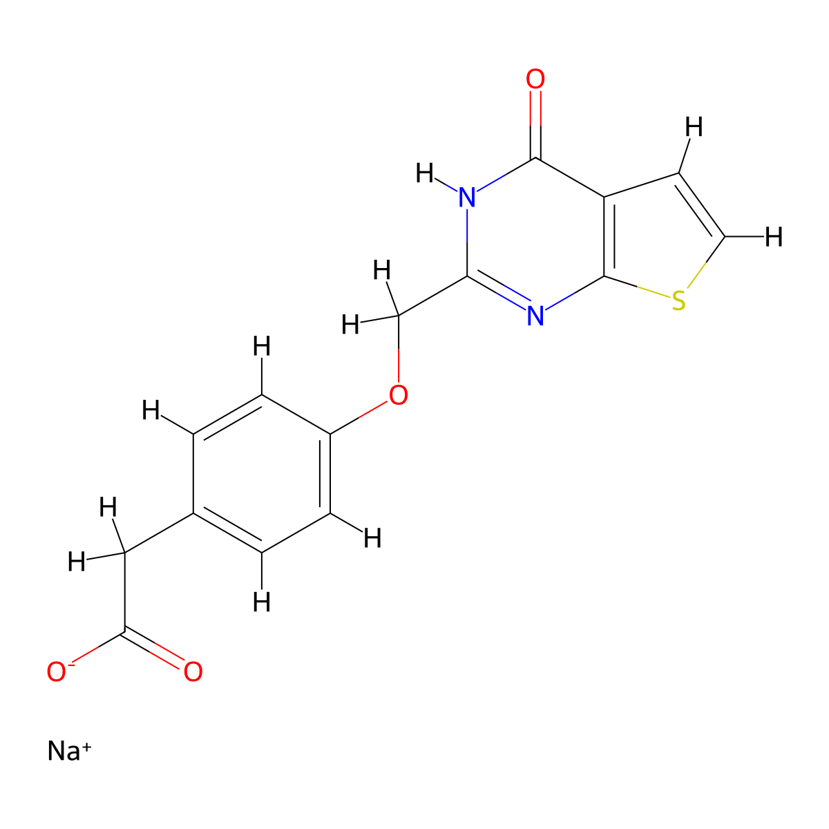 sodium 2-[4-({4-oxo-3H,4H-thieno[2,3-d]pyrimidin-2-yl}methoxy)phenyl]acetate molecular structure, CAS 2228599-00-4