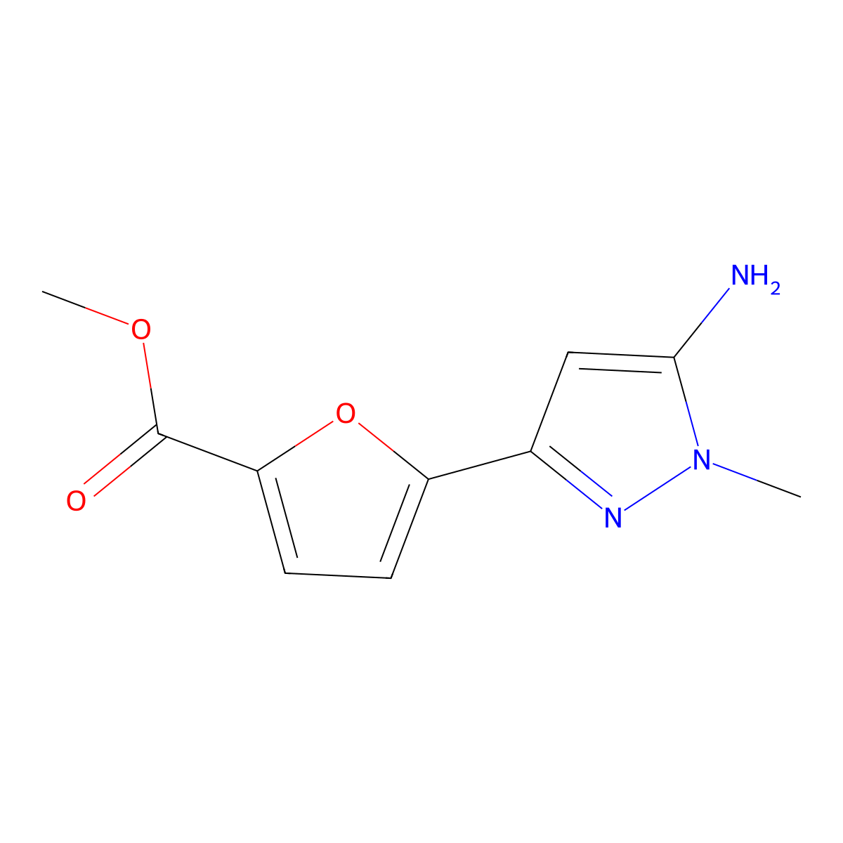 methyl 5-(5-amino-1-methyl-1H-pyrazol-3-yl)furan-2-carboxylate molecular structure, CAS 2228599-13-9