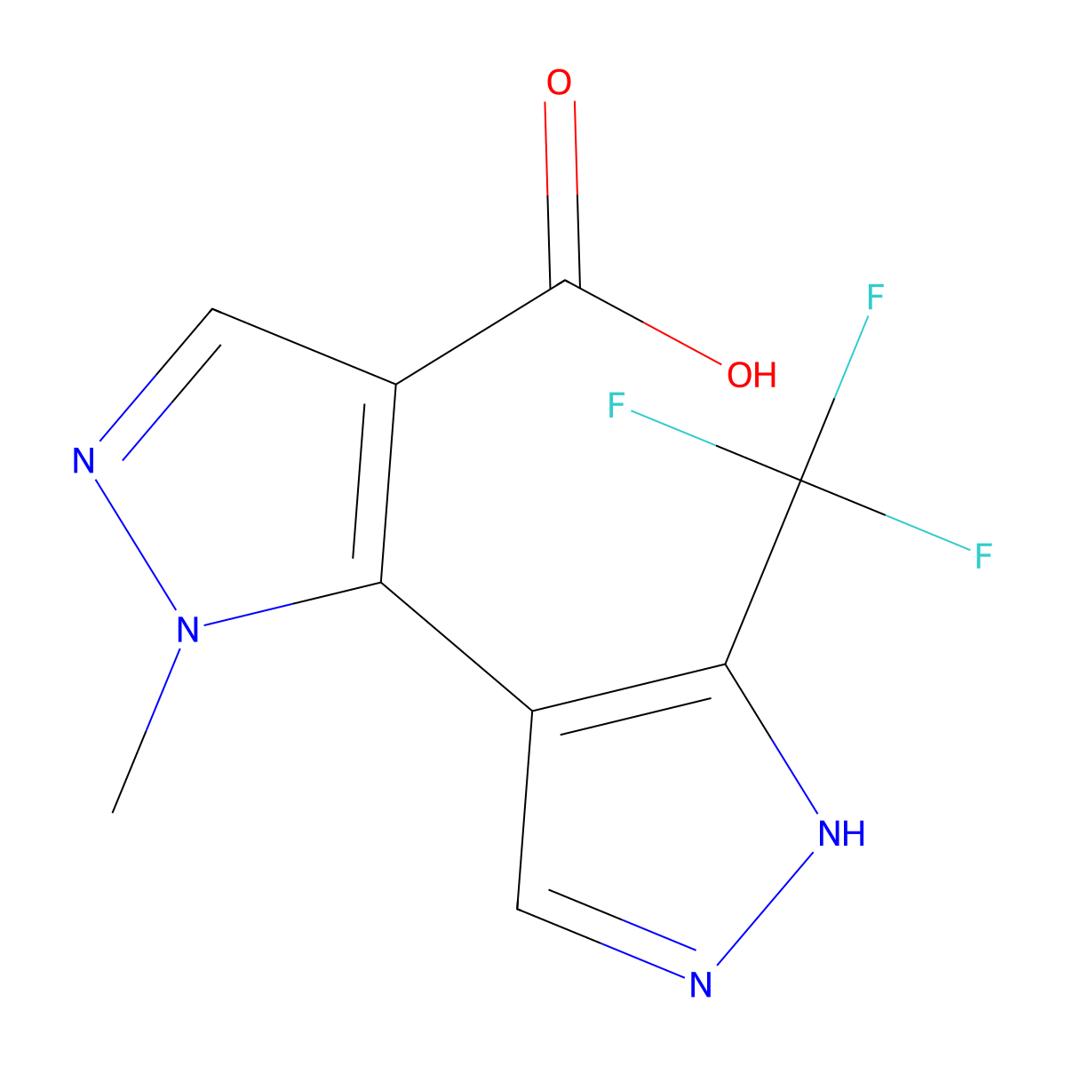 1-methyl-5-[3-(trifluoromethyl)-1H-pyrazol-4-yl]-1H-pyrazole-4-carboxylic acid molecular structure, CAS 2228614-42-2