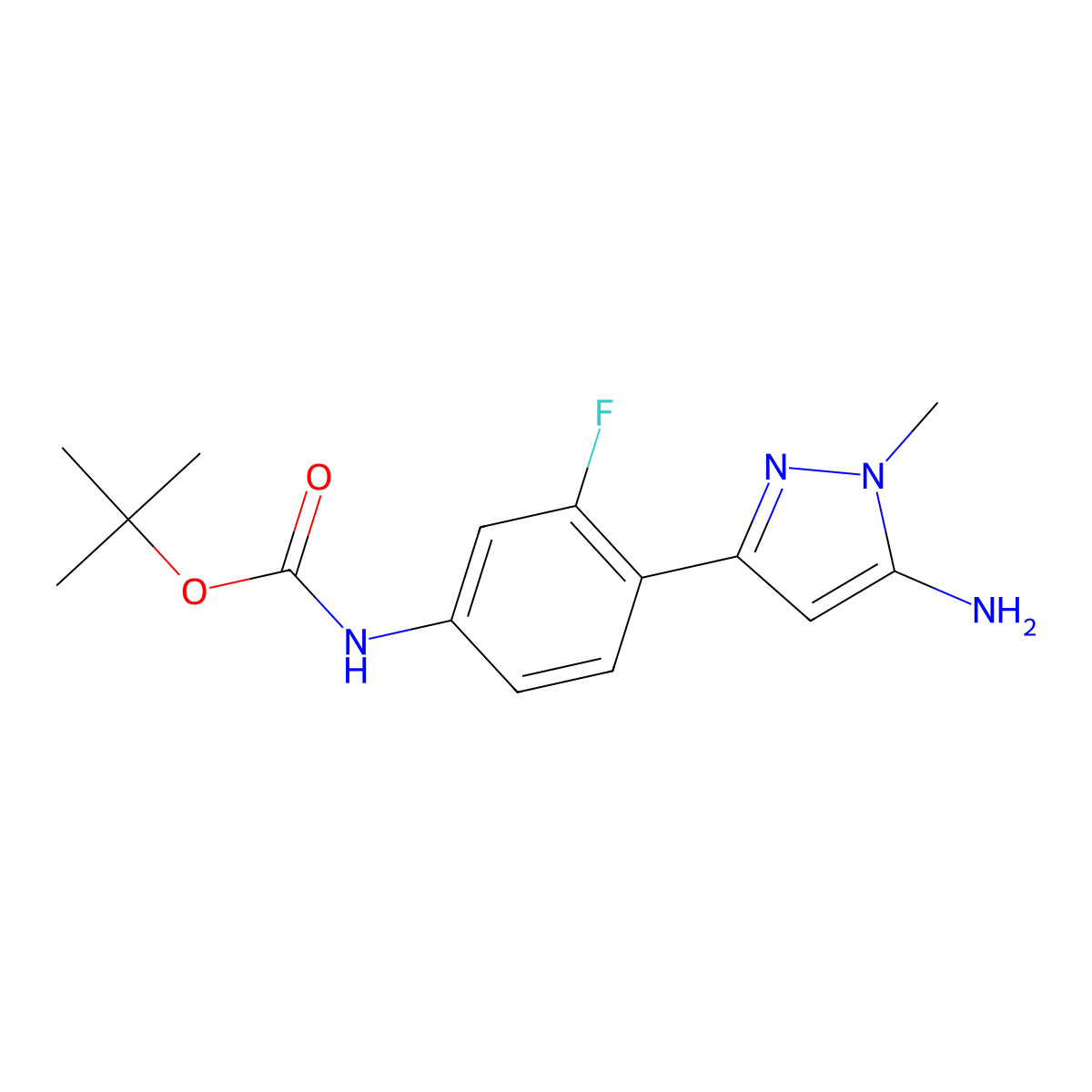 tert-butyl N-[4-(5-amino-1-methyl-1H-pyrazol-3-yl)-3-fluorophenyl]carbamate molecular structure, CAS 2228627-40-3
