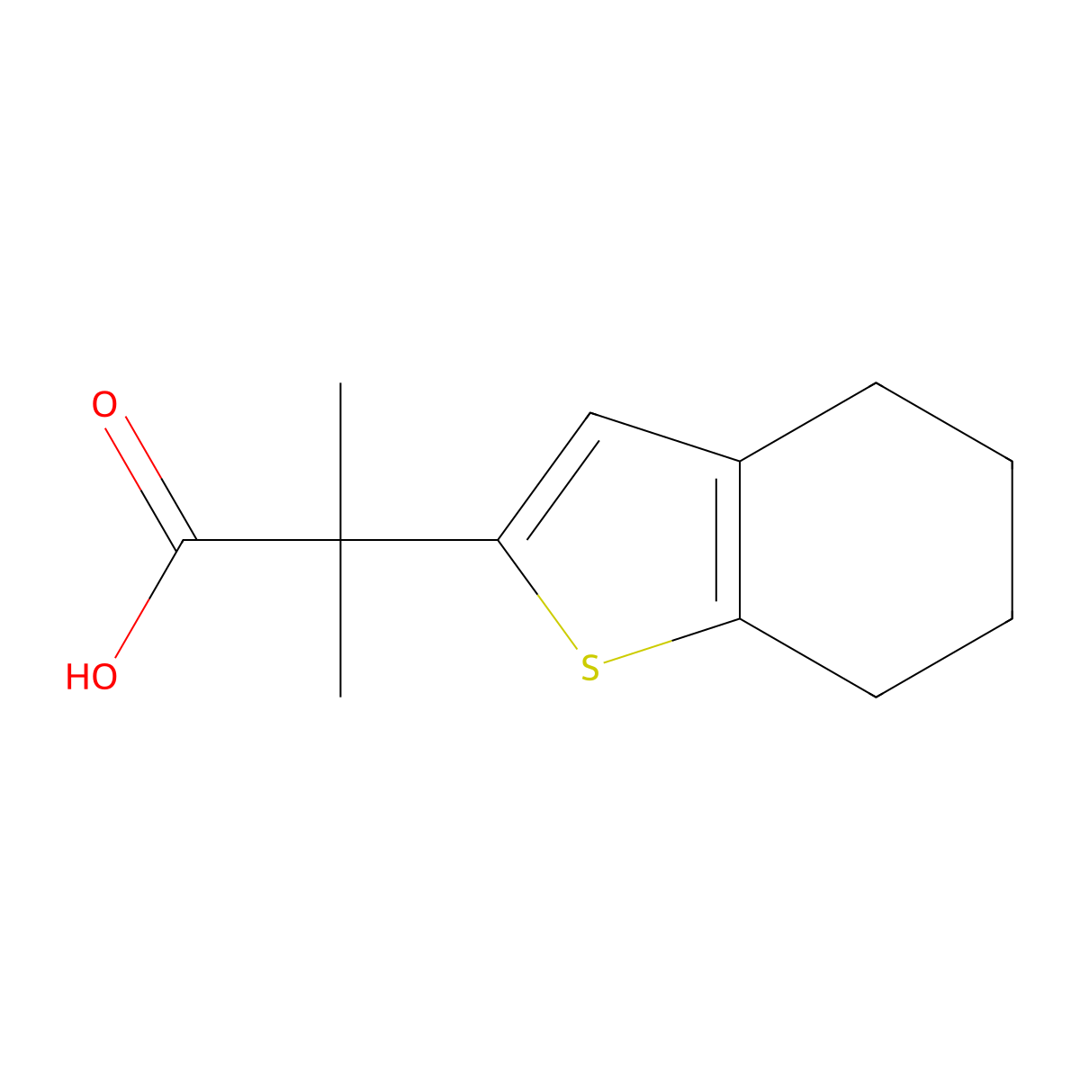 2-Methyl-2-(4,5,6,7-tetrahydro-1-benzothiophen-2-yl)propanoic acid molecular structure, CAS 2228666-16-6