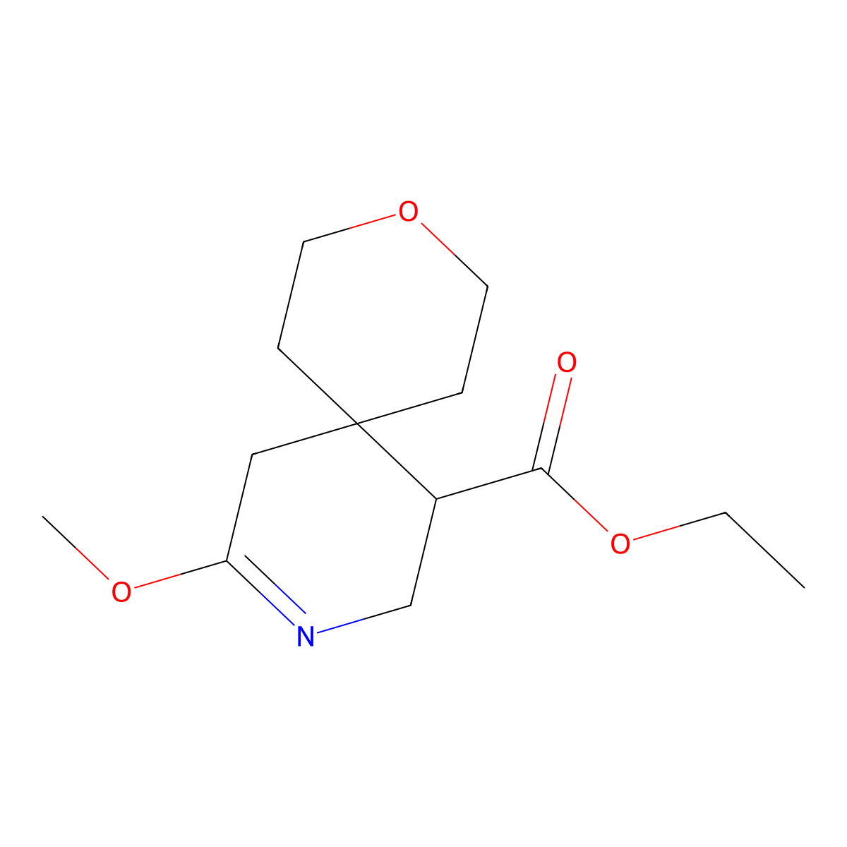 Ethyl 10-methoxy-3-oxa-9-azaspiro[5.5]undec-9-ene-7-carboxylate molecular structure, CAS 2228675-89-4