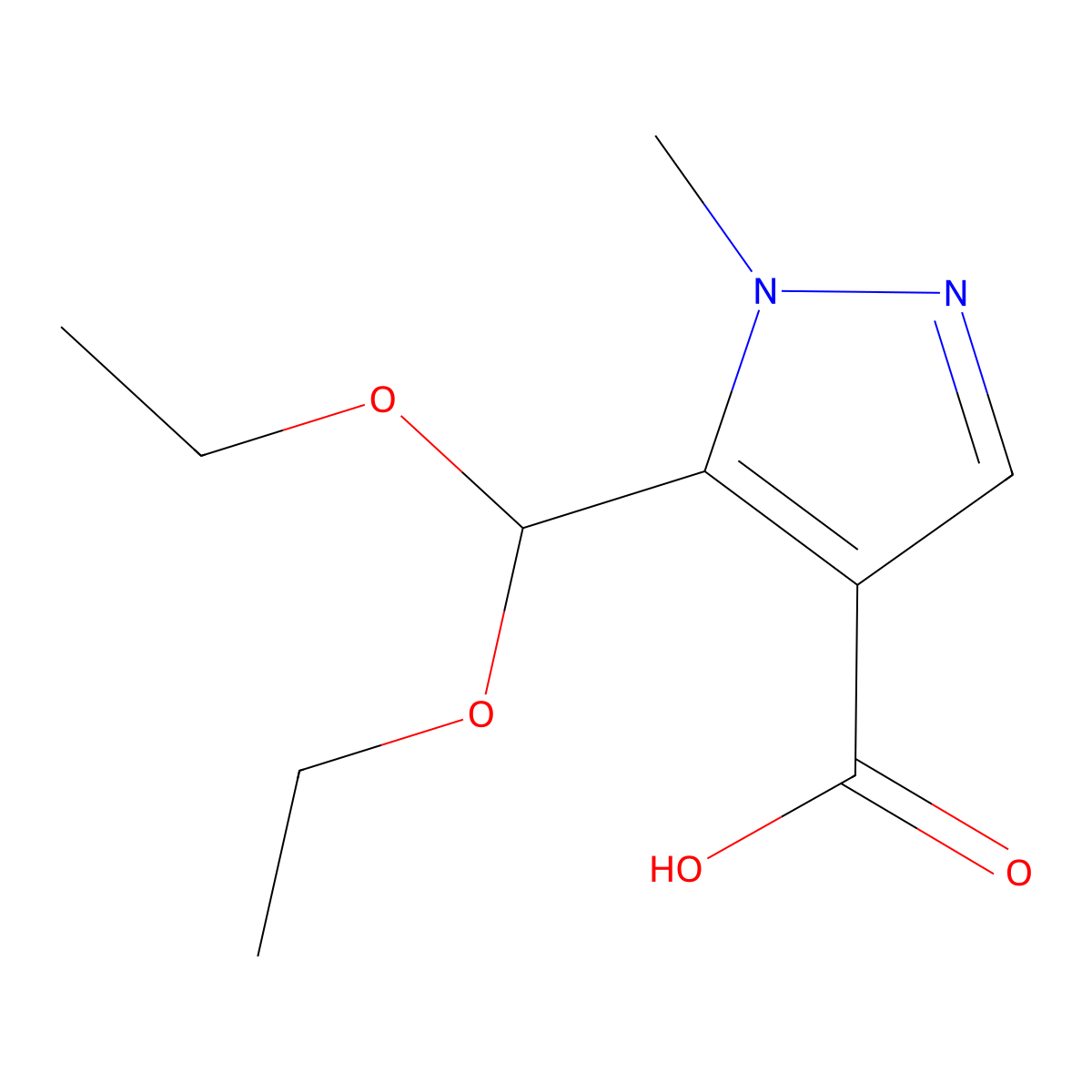 5-(diethoxymethyl)-1-methyl-1H-pyrazole-4-carboxylic acid molecular structure, CAS 2228707-91-1