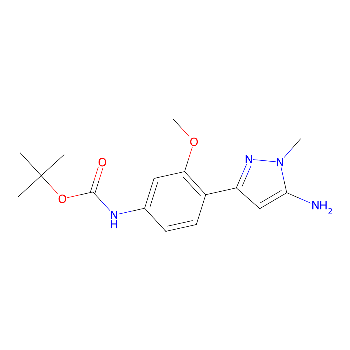 tert-butyl N-[4-(5-amino-1-methyl-1H-pyrazol-3-yl)-3-methoxyphenyl]carbamate molecular structure, CAS 2228708-92-5