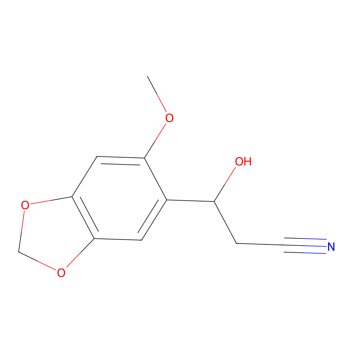 3-Hydroxy-3-(6-methoxy-1,3-dioxaindan-5-yl)propanenitrile molecular structure, CAS 2228711-84-8