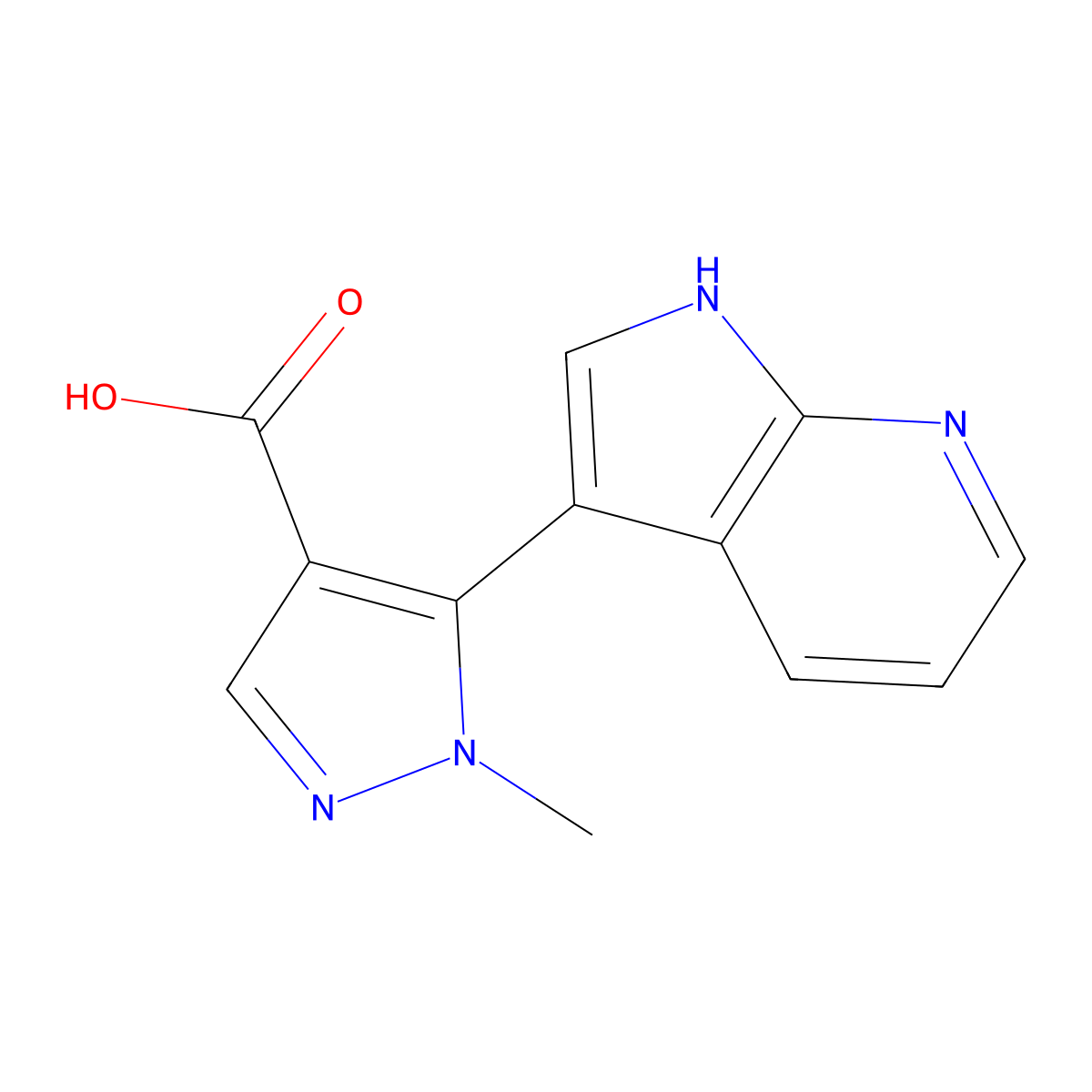 1-methyl-5-{1H-pyrrolo[2,3-b]pyridin-3-yl}-1H-pyrazole-4-carboxylic acid molecular structure, CAS 2228760-63-0