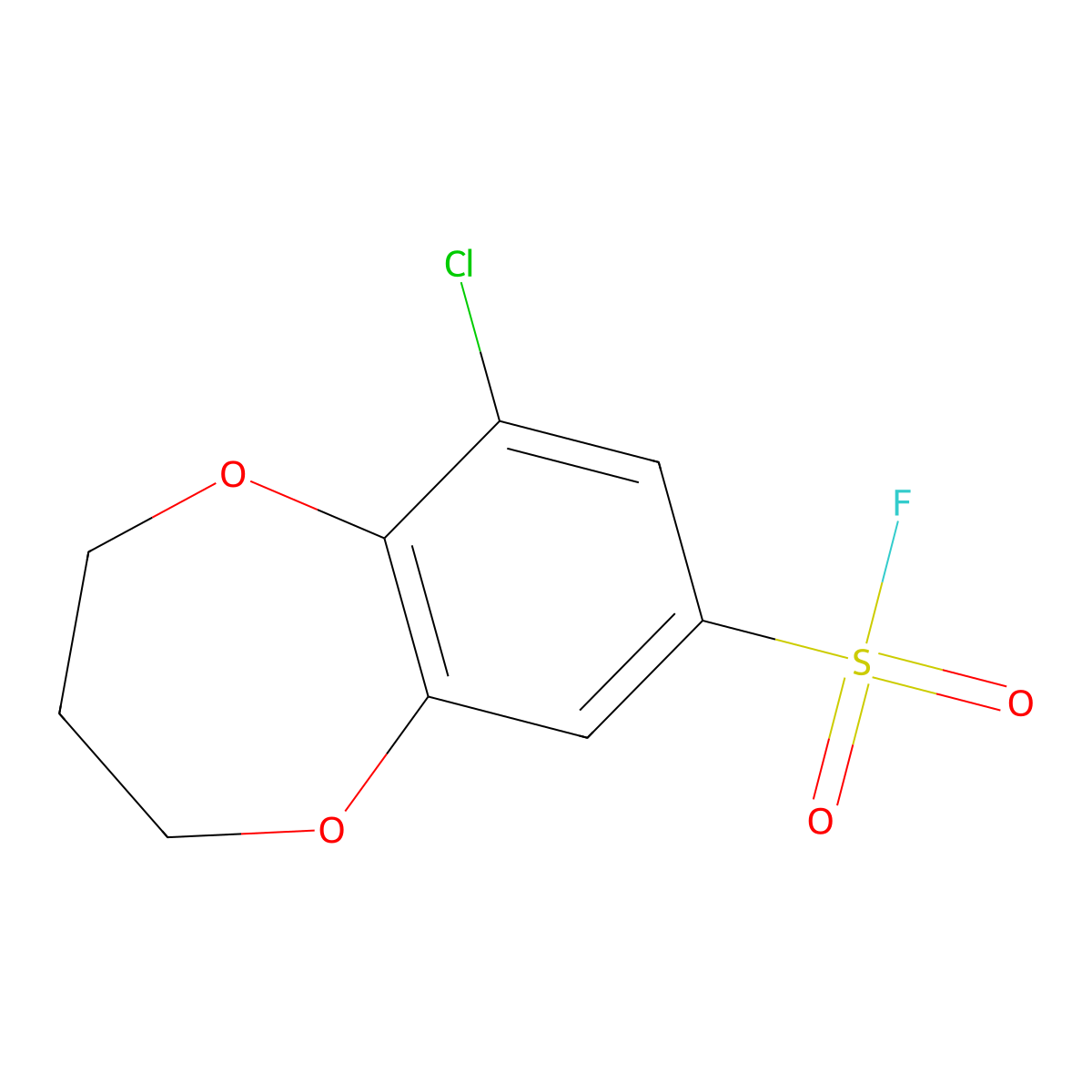 9-chloro-3,4-dihydro-2H-1,5-benzodioxepine-7-sulfonyl fluoride molecular structure, CAS 2228768-05-4