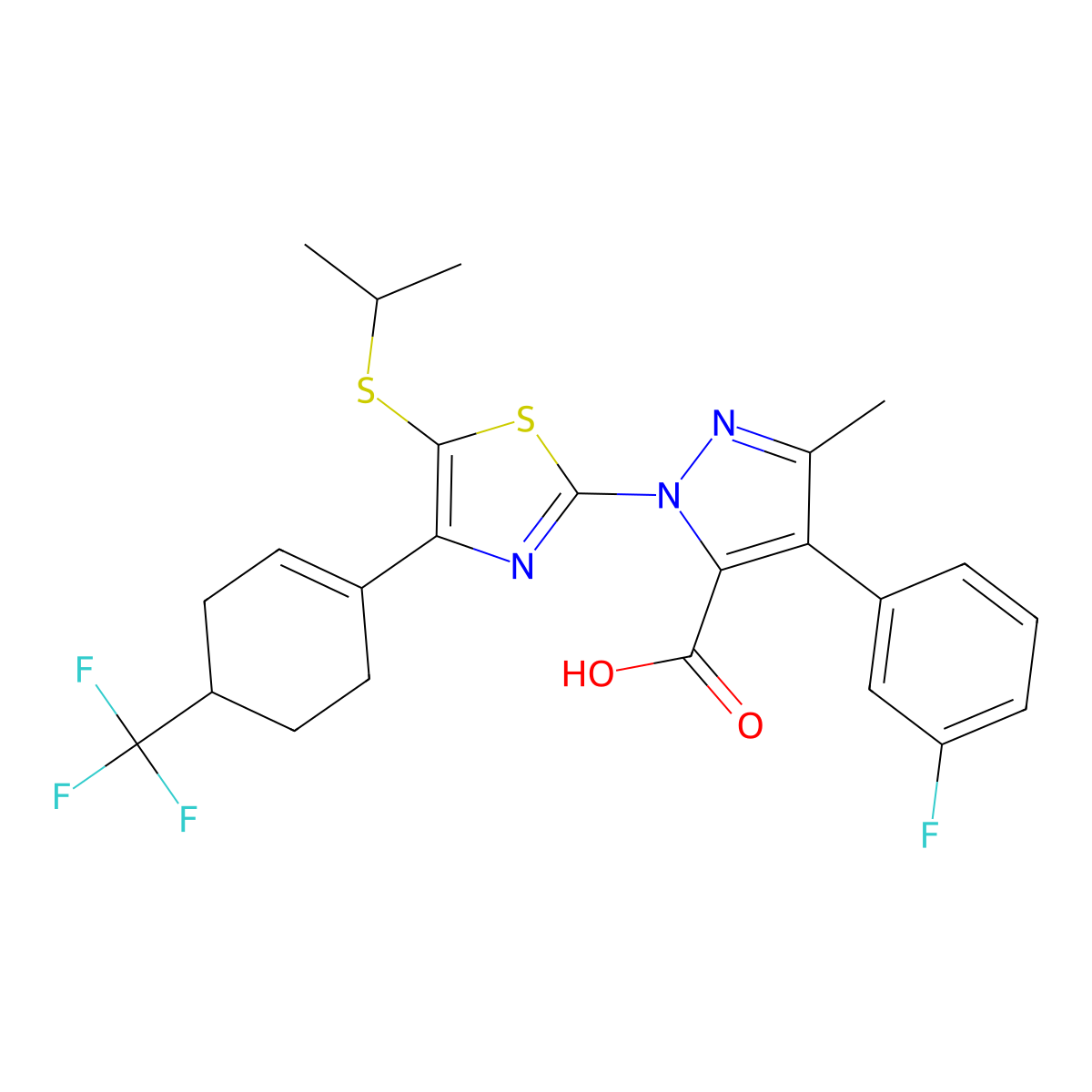 4-(3-Fluorophenyl)-5-methyl-2-[5-propan-2-ylsulfanyl-4-[4-(trifluoromethyl)cyclohexen-1-yl]-1,3-thiazol-2-yl]pyrazole-3-carboxylic acid molecular structure, CAS 2228857-70-1