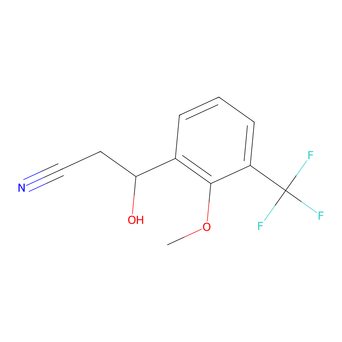 3-Hydroxy-3-[2-methoxy-3-(trifluoromethyl)phenyl]propanenitrile molecular structure, CAS 2228862-43-7