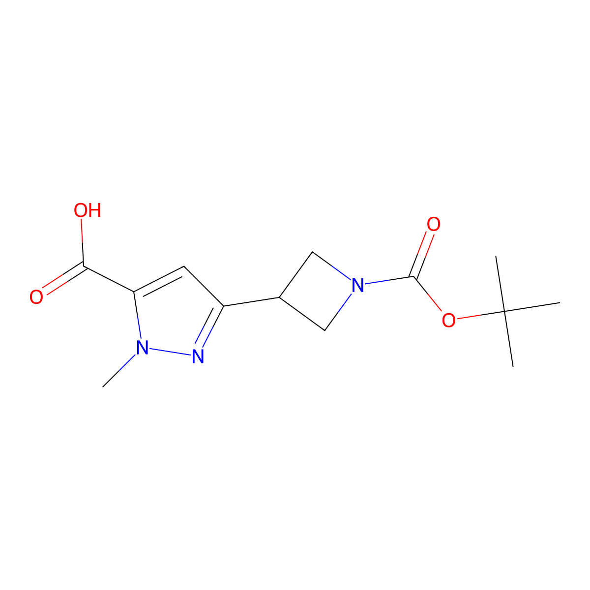 3-(1-((tert-butoxy)carbonyl)azetidin-3-yl)-1-methyl-1H-pyrazole-5-carboxylic acid molecular structure, CAS 2228894-68-4