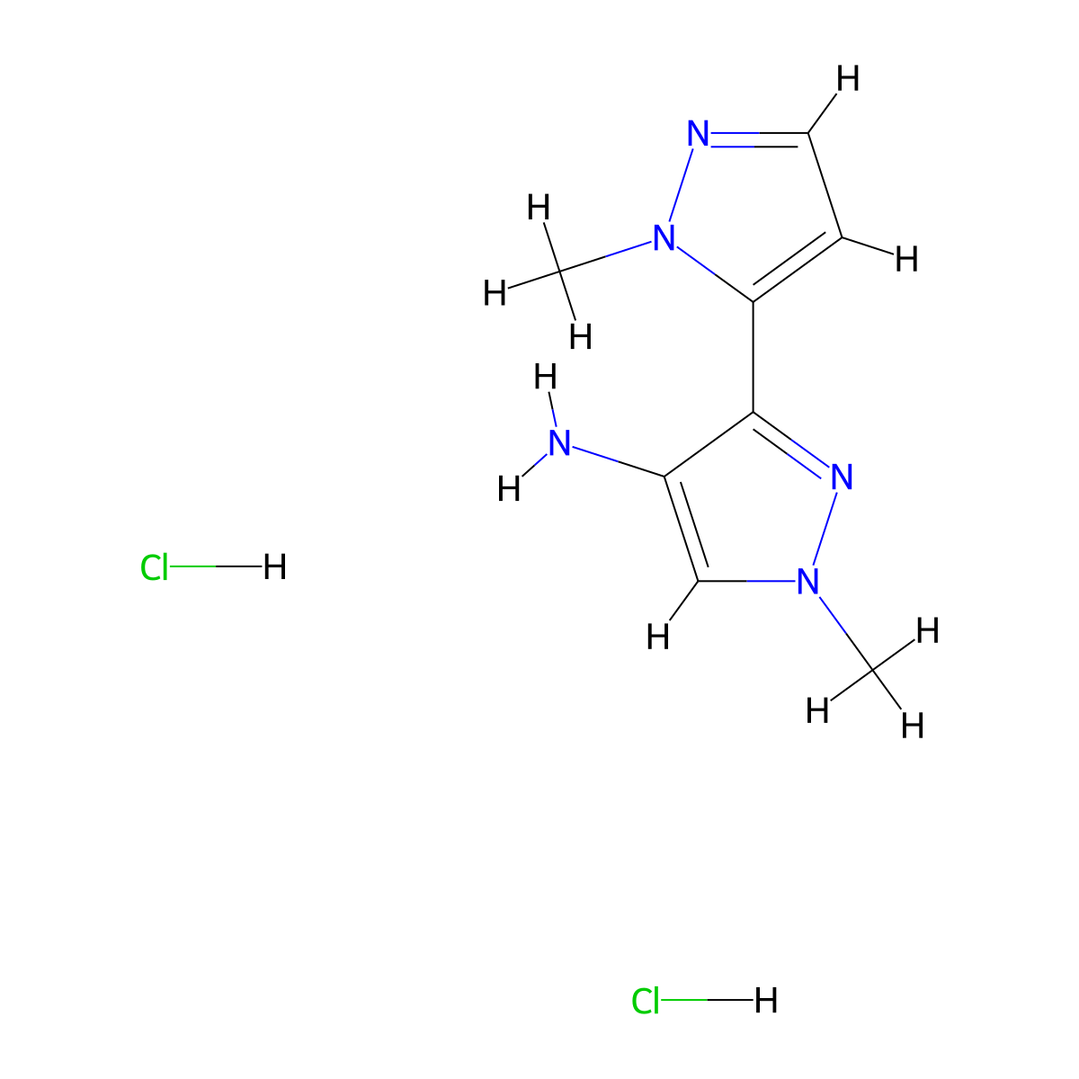 1-methyl-3-(1-methyl-1H-pyrazol-5-yl)-1H-pyrazol-4-amine dihydrochloride molecular structure, CAS 2228903-62-4
