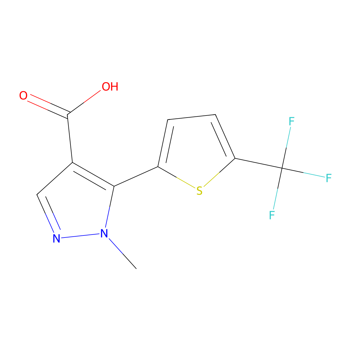 1-methyl-5-[5-(trifluoromethyl)thiophen-2-yl]-1H-pyrazole-4-carboxylic acid molecular structure, CAS 2228910-85-6