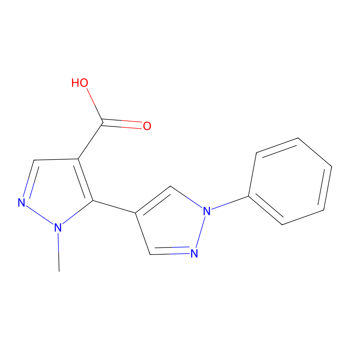 1-methyl-5-(1-phenyl-1H-pyrazol-4-yl)-1H-pyrazole-4-carboxylic acid molecular structure, CAS 2228930-80-9