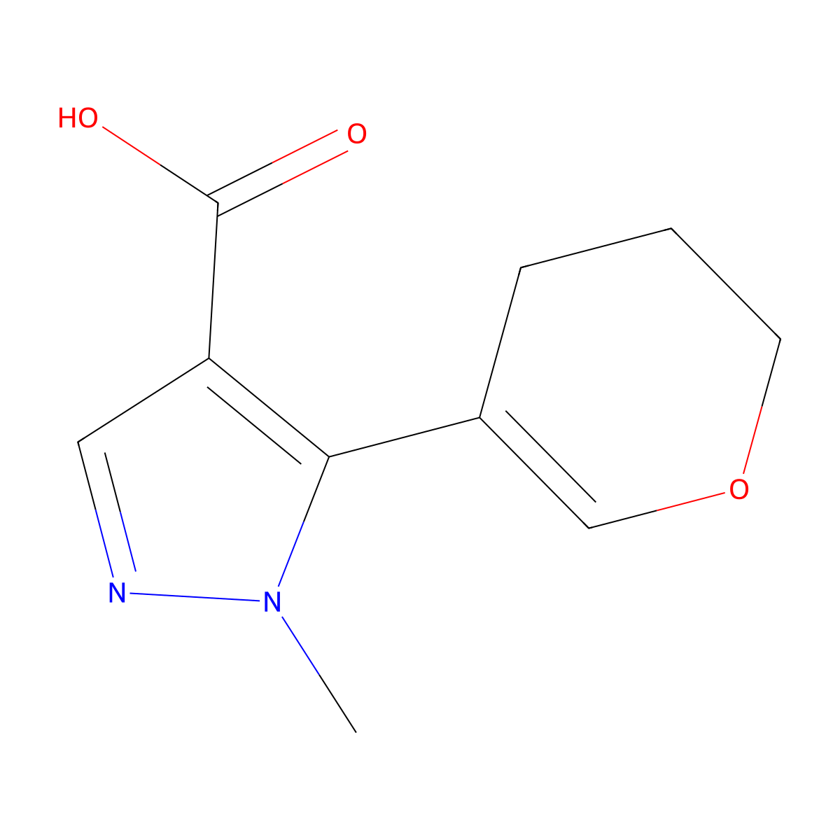 5-(3,4-dihydro-2H-pyran-5-yl)-1-methyl-1H-pyrazole-4-carboxylic acid molecular structure, CAS 2228952-93-8