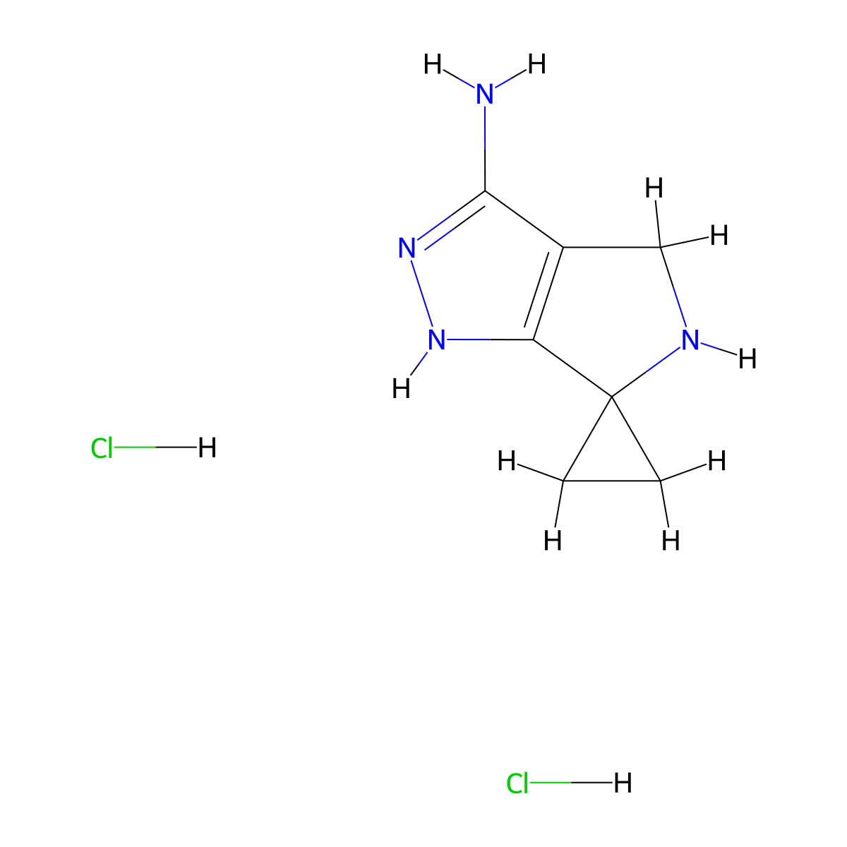 4',5'-dihydro-1'H-spiro(cyclopropane-1,6'-pyrrolo(3,4-c)pyrazol)-3'-amine dihydrochloride molecular structure, CAS 2228971-40-0