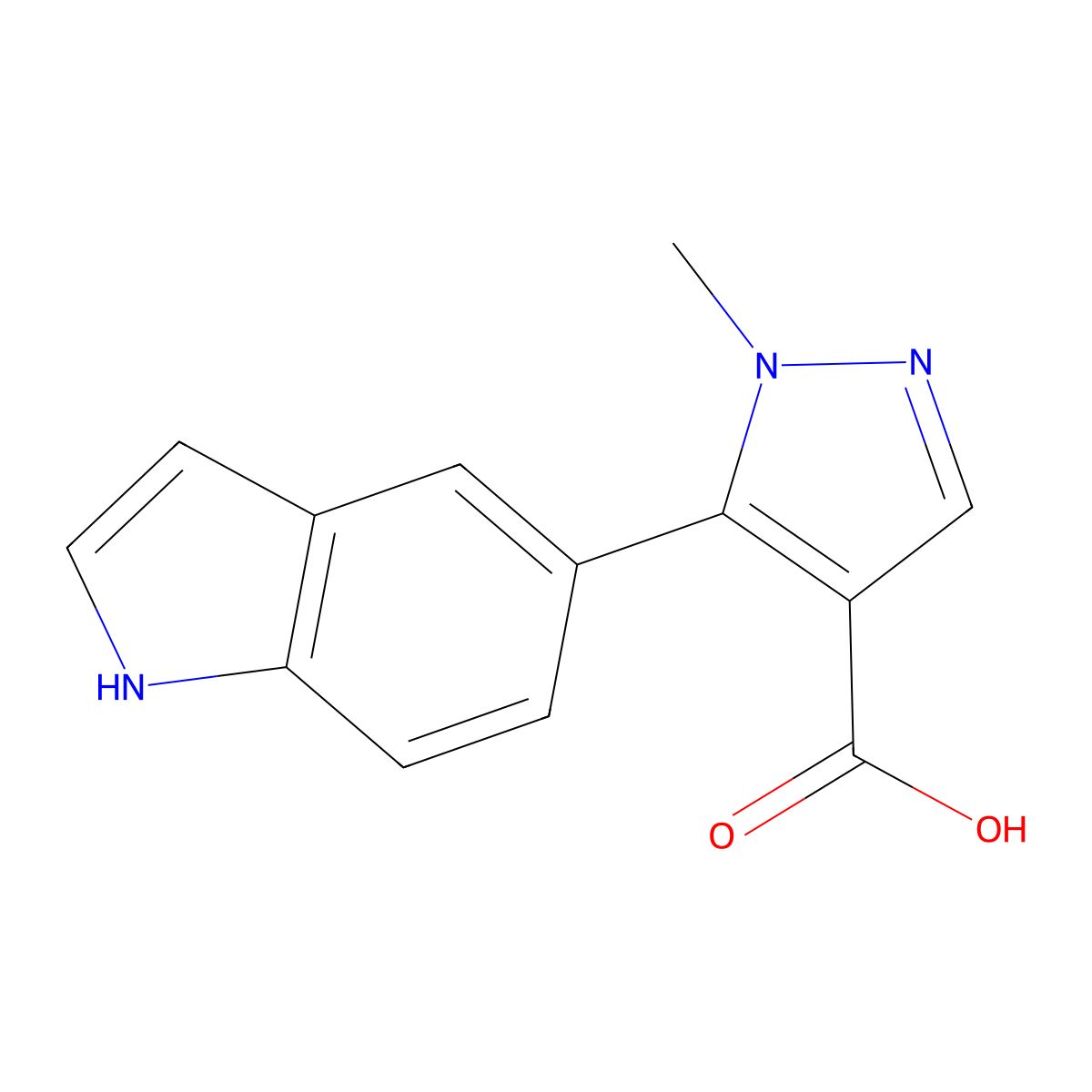 5-(1H-indol-5-yl)-1-methyl-1H-pyrazole-4-carboxylic acid molecular structure, CAS 2228991-02-2