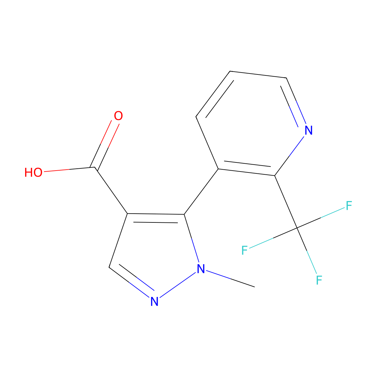 1-methyl-5-[2-(trifluoromethyl)pyridin-3-yl]-1H-pyrazole-4-carboxylic acid molecular structure, CAS 2229030-07-1