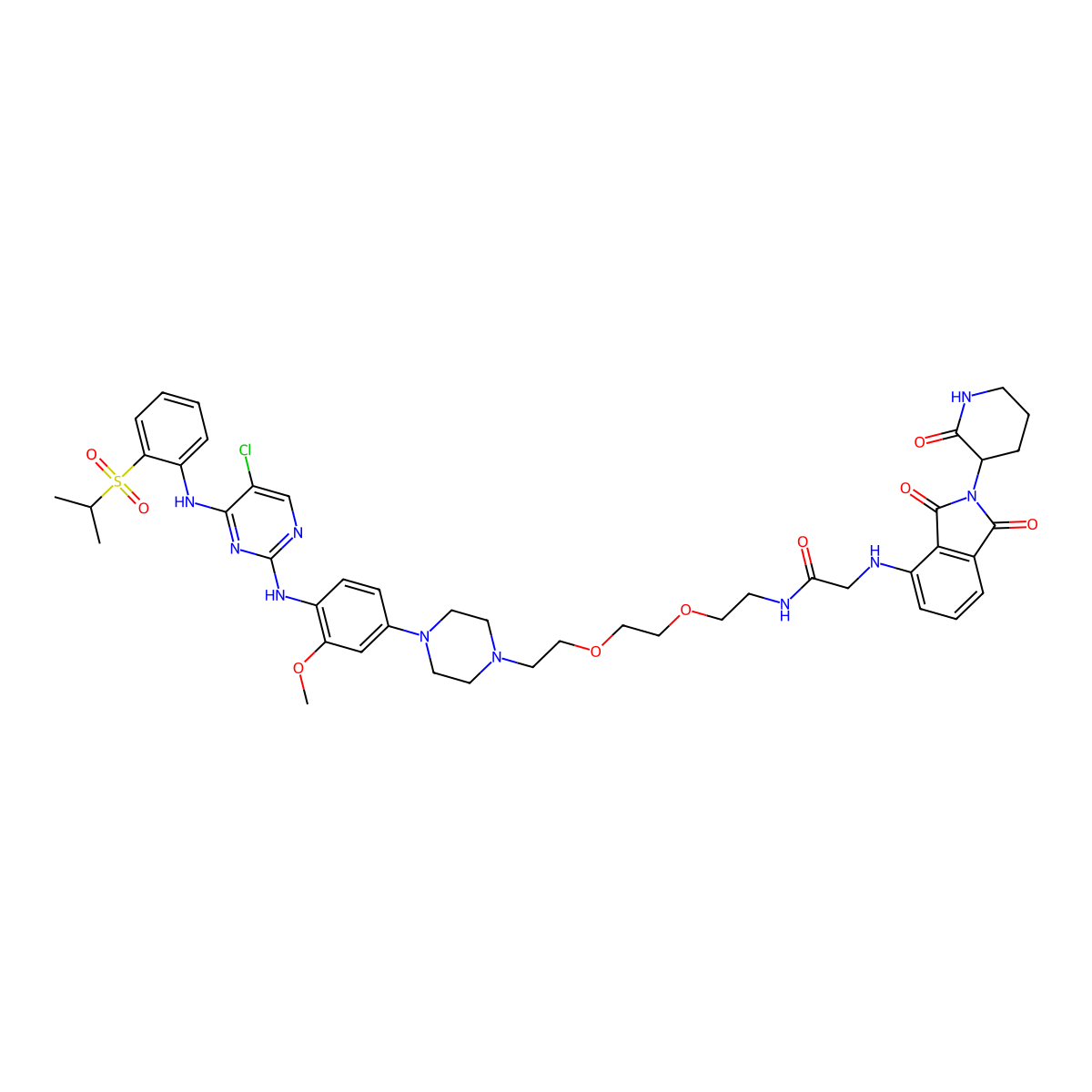 N-(2-(2-(2-(4-(4-((5-Chloro-4-((2-(isopropylsulfonyl)phenyl)amino)pyrimidin-2-yl)amino)-3-methoxyphenyl)piperazin-1-yl)ethoxy)ethoxy)ethyl)-2-((1,3-dioxo-2-(2-oxopiperidin-3-yl)isoindolin-4-yl)amino)acetamide molecular structure, CAS 2229036-65-9