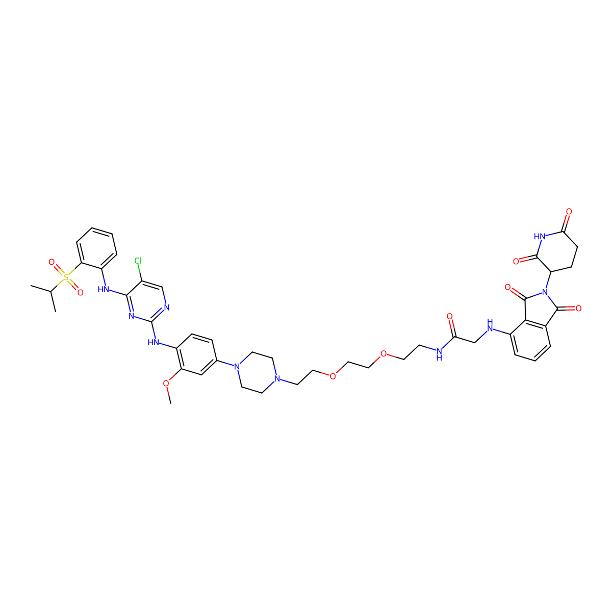 N-(2-(2-(2-(4-(4-((5-Chloro-4-((2-(isopropylsulfonyl)phenyl)amino)pyrimidin-2-yl)amino)-3-methoxyphenyl)piperazin-1-yl)ethoxy)ethoxy)ethyl)-2-((2-(2,6-dioxopiperidin-3-yl)-1,3-dioxoisoindolin-4-yl)amino)acetamide molecular structure, CAS 2229037-04-9