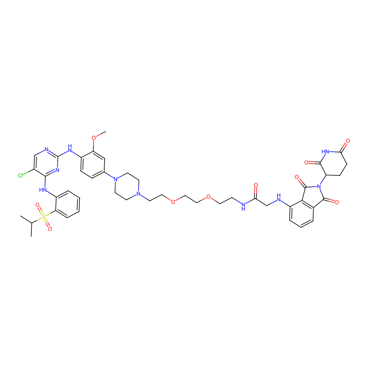 N-(2-(2-(2-(4-(4-((5-Chloro-4-((2-(isopropylsulfonyl)phenyl)amino)pyrimidin-2-yl)amino)-3-methoxyphenyl)piperazin-1-yl)ethoxy)ethoxy)ethyl)-2-((2-(2,6-dioxopiperidin-3-yl)-1,3-dioxoisoindolin-4-yl)amino)acetamide molecular structure, CAS 2229037-04-9