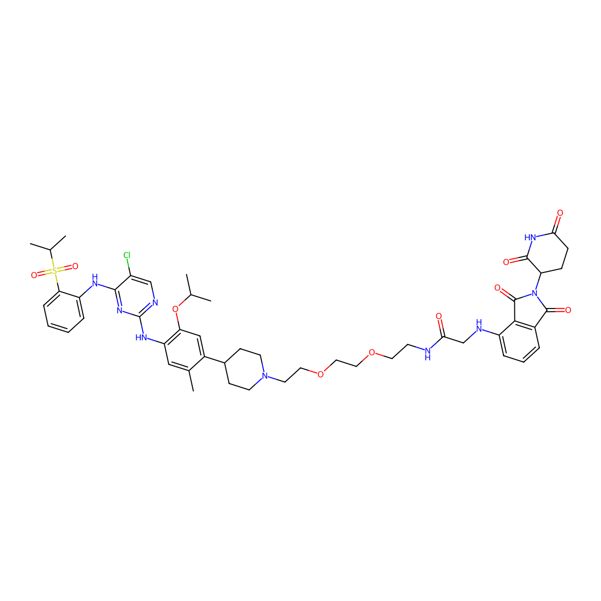 N-(2-(2-(2-(4-(4-((5-chloro-4-((2-(isopropylsulfonyl)phenyl)amino)pyrimidin-2-yl)amino)-5-isopropoxy-2-methylphenyl)piperidin-1-yl)ethoxy)ethoxy)ethyl)-2-((2-(2,6-dioxopiperidin-3-yl)-1,3-dioxoisoindolin-4-yl)amino)acetamide molecular structure, CAS 2229037-19-6