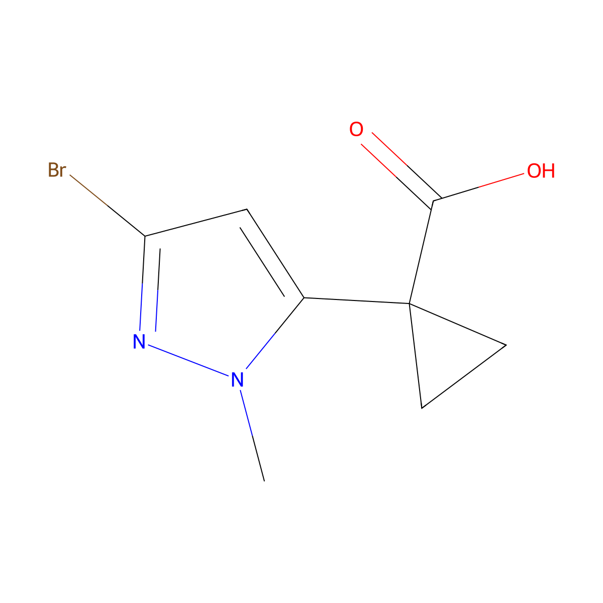 1-(3-bromo-1-methyl-1H-pyrazol-5-yl)cyclopropane-1-carboxylic acid molecular structure, CAS 2229118-99-2