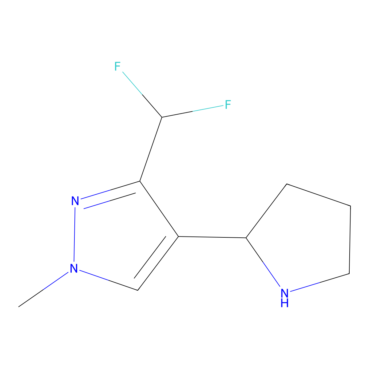 3-(difluoromethyl)-1-methyl-4-(pyrrolidin-2-yl)-1H-pyrazole molecular structure, CAS 2229123-47-9