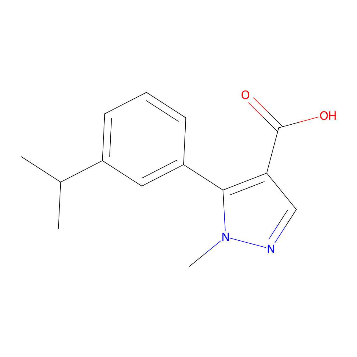 1-methyl-5-[3-(propan-2-yl)phenyl]-1H-pyrazole-4-carboxylic acid molecular structure, CAS 2229135-18-4