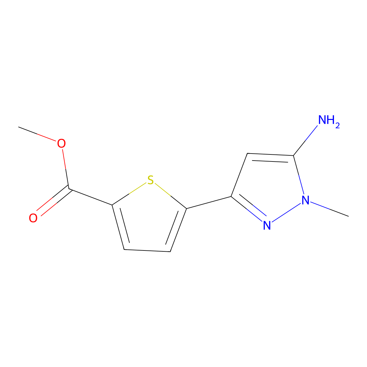 methyl 5-(5-amino-1-methyl-1H-pyrazol-3-yl)thiophene-2-carboxylate molecular structure, CAS 2229153-33-5