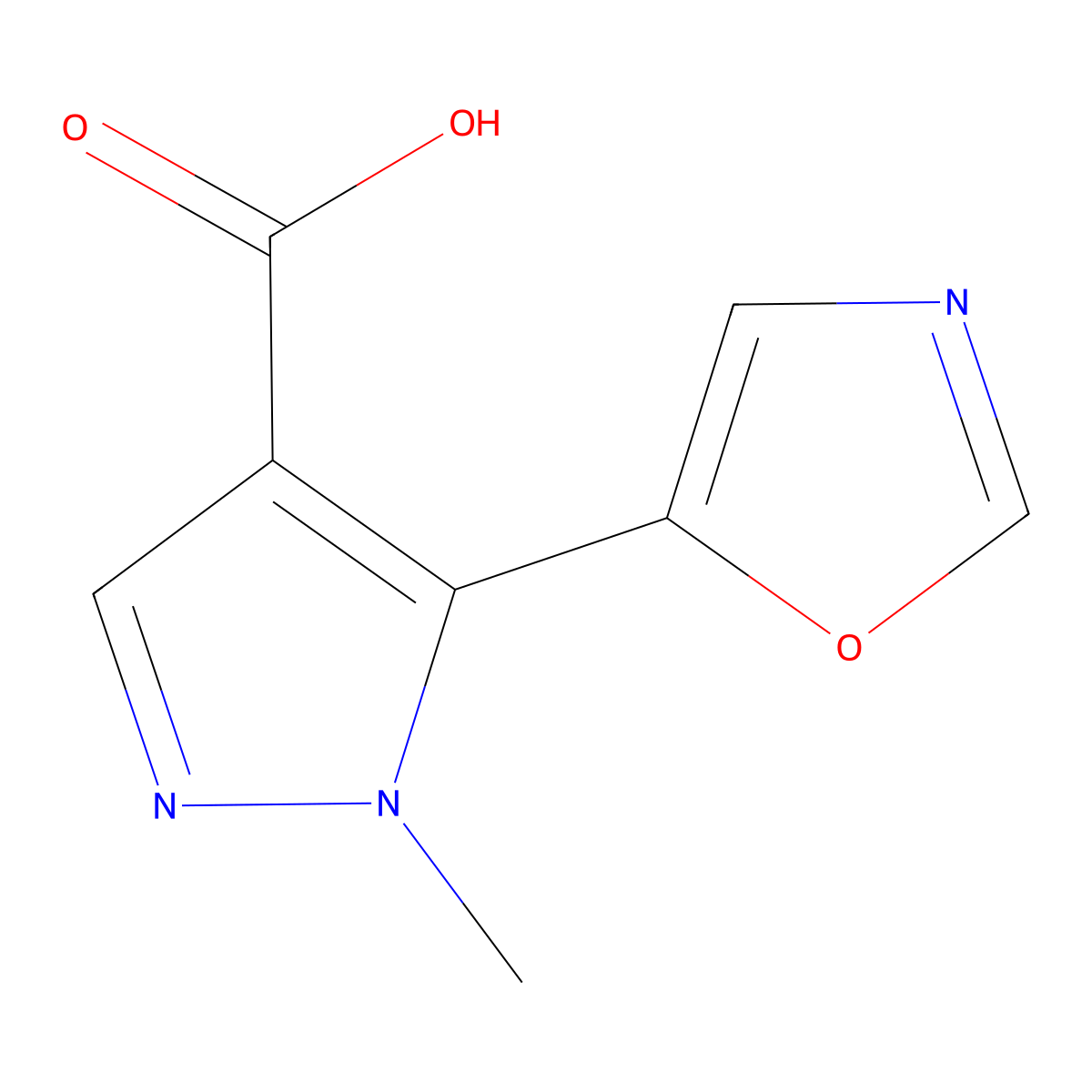 1-methyl-5-(1,3-oxazol-5-yl)-1H-pyrazole-4-carboxylic acid molecular structure, CAS 2229156-16-3