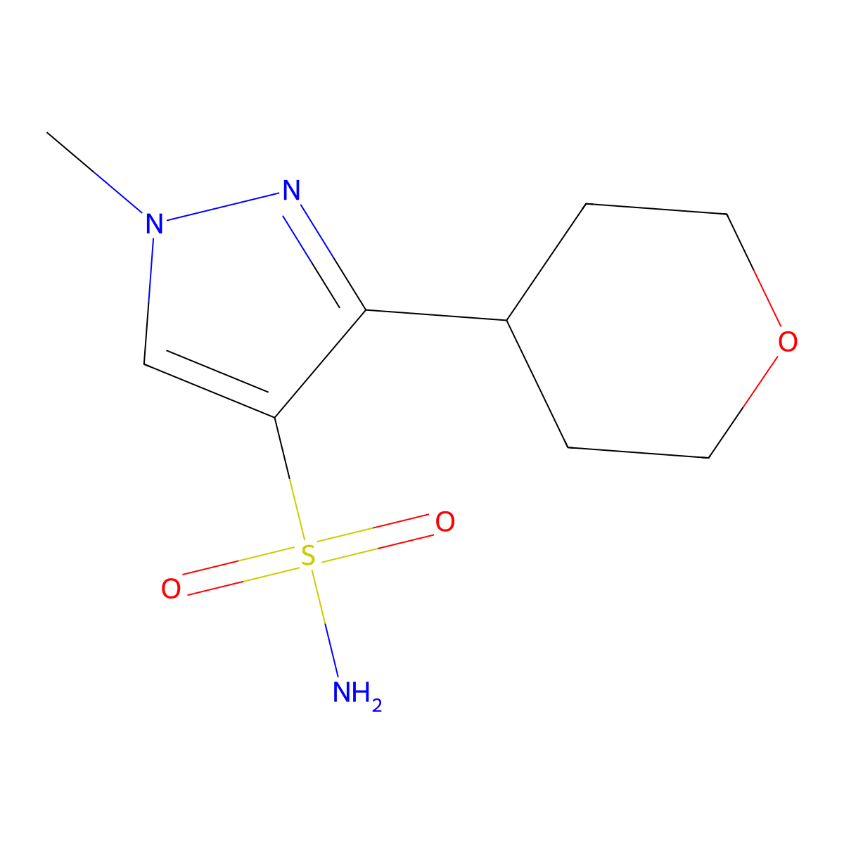 1-methyl-3-(oxan-4-yl)-1H-pyrazole-4-sulfonamide molecular structure, CAS 2229162-52-9