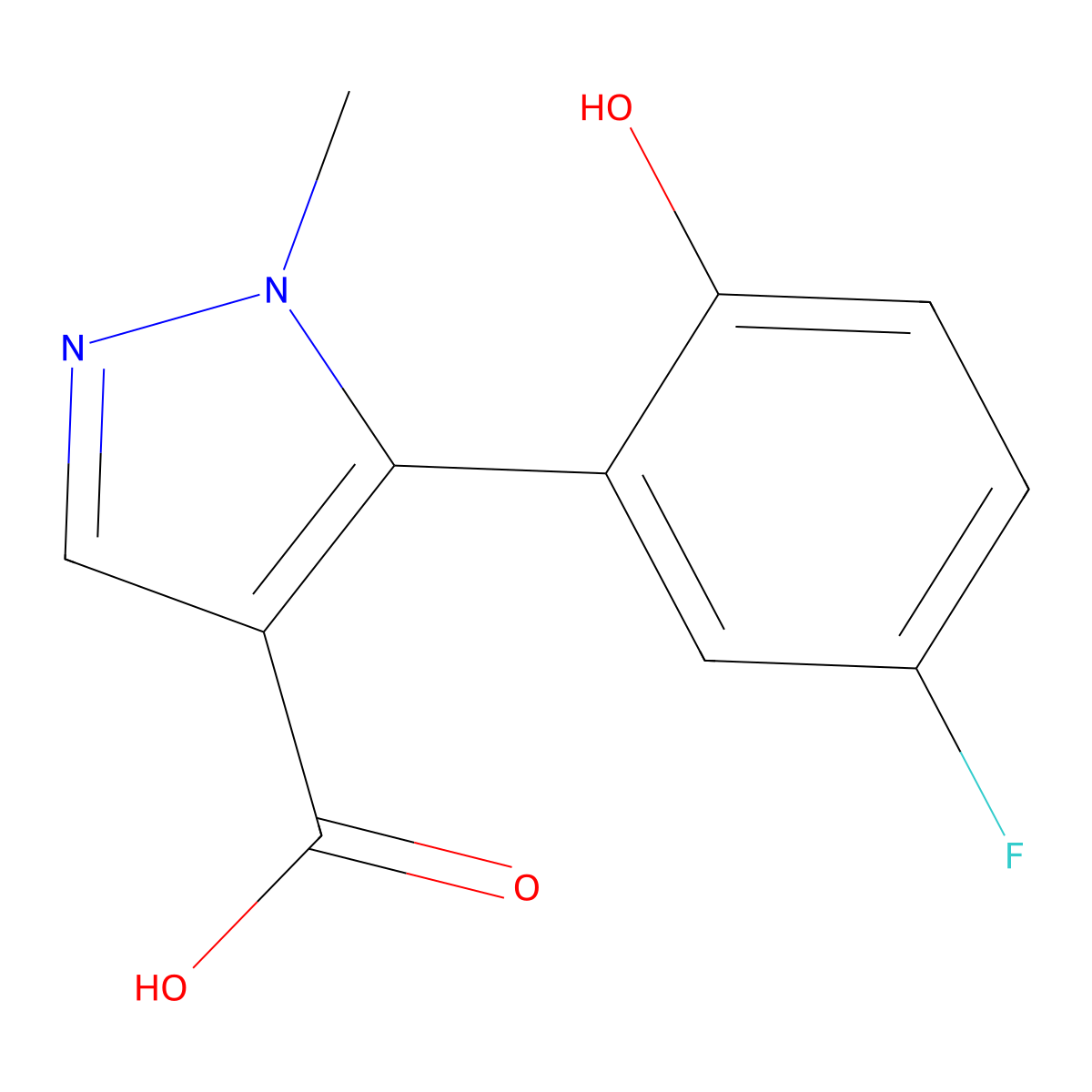 5-(5-fluoro-2-hydroxyphenyl)-1-methyl-1H-pyrazole-4-carboxylic acid molecular structure, CAS 2229168-32-3