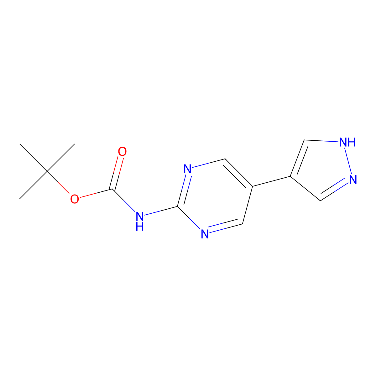 tert-butyl N-[5-(1H-pyrazol-4-yl)pyrimidin-2-yl]carbamate molecular structure, CAS 2229205-08-5