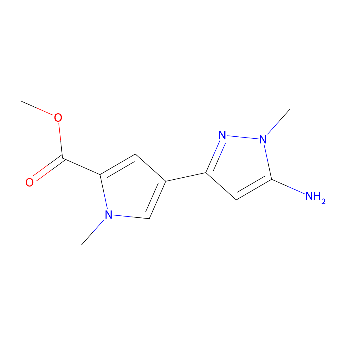 methyl 4-(5-amino-1-methyl-1H-pyrazol-3-yl)-1-methyl-1H-pyrrole-2-carboxylate molecular structure, CAS 2229220-19-1