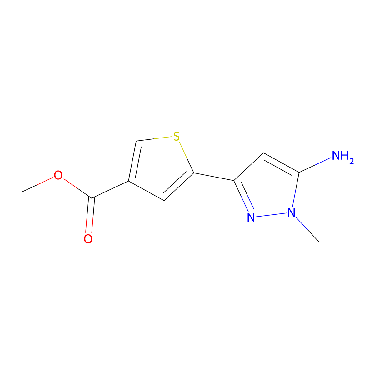 methyl 5-(5-amino-1-methyl-1H-pyrazol-3-yl)thiophene-3-carboxylate molecular structure, CAS 2229221-19-4