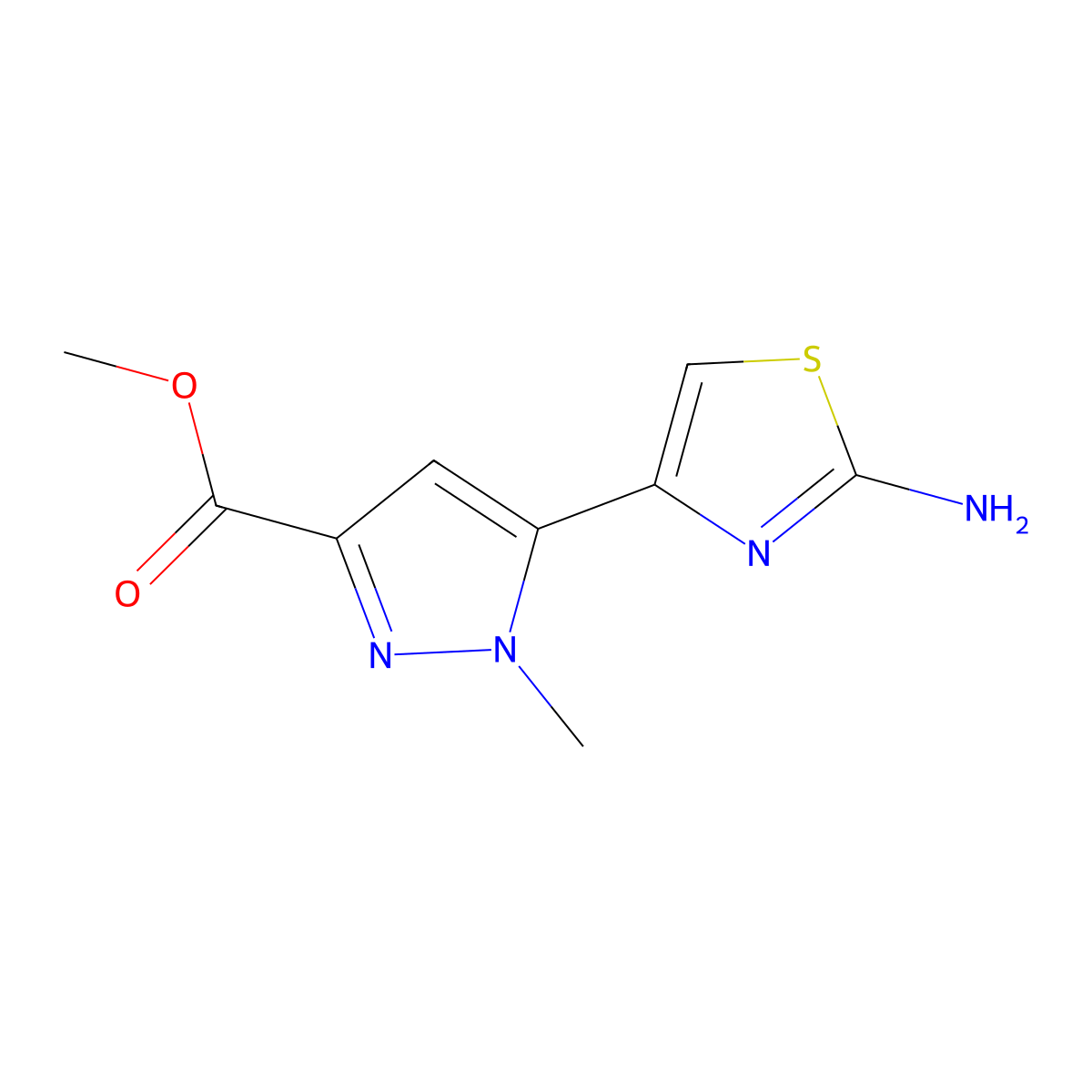 methyl 5-(2-amino-1,3-thiazol-4-yl)-1-methyl-1H-pyrazole-3-carboxylate molecular structure, CAS 2229223-52-1