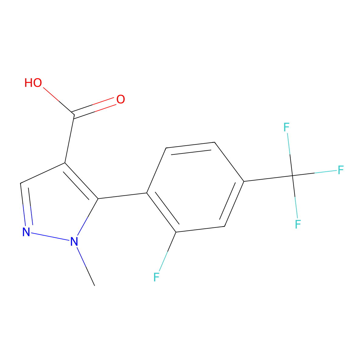 5-[2-fluoro-4-(trifluoromethyl)phenyl]-1-methyl-1H-pyrazole-4-carboxylic acid molecular structure, CAS 2229237-55-0