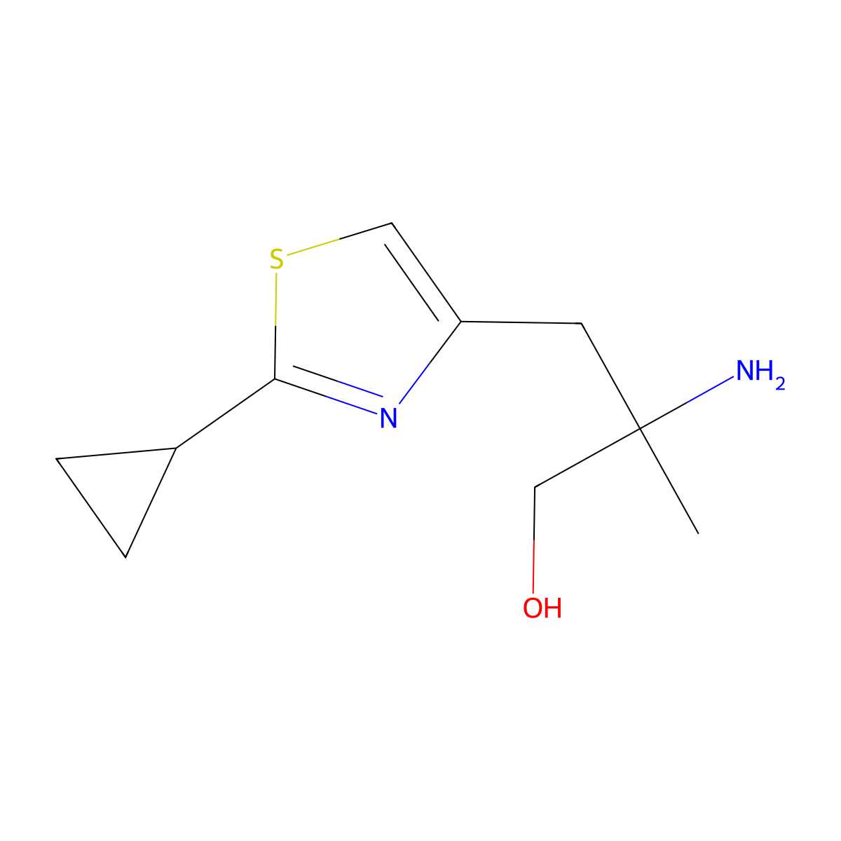 2-Amino-3-(2-cyclopropyl-1,3-thiazol-4-yl)-2-methylpropan-1-ol molecular structure, CAS 2229243-91-6