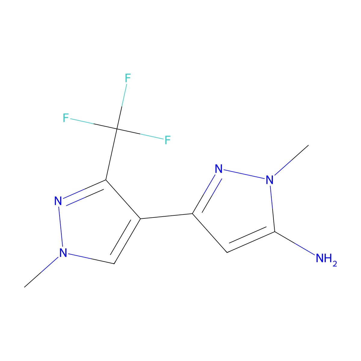1-methyl-3-[1-methyl-3-(trifluoromethyl)-1H-pyrazol-4-yl]-1H-pyrazol-5-amine molecular structure, CAS 2229245-61-6