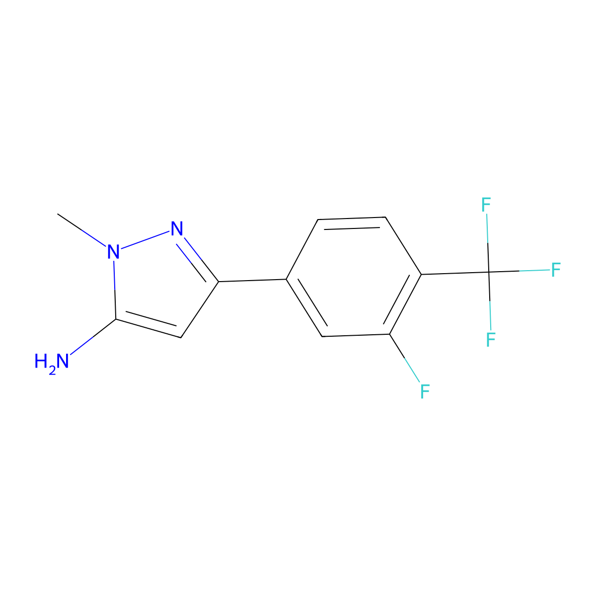 3-[3-fluoro-4-(trifluoromethyl)phenyl]-1-methyl-1H-pyrazol-5-amine molecular structure, CAS 2229320-29-8
